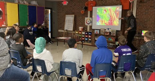  Mural artist Paul Johnson led a one-day workshop in preparation for the sixth-grade students of Viking Elementary in Pelican Rapids to create a community mural.  