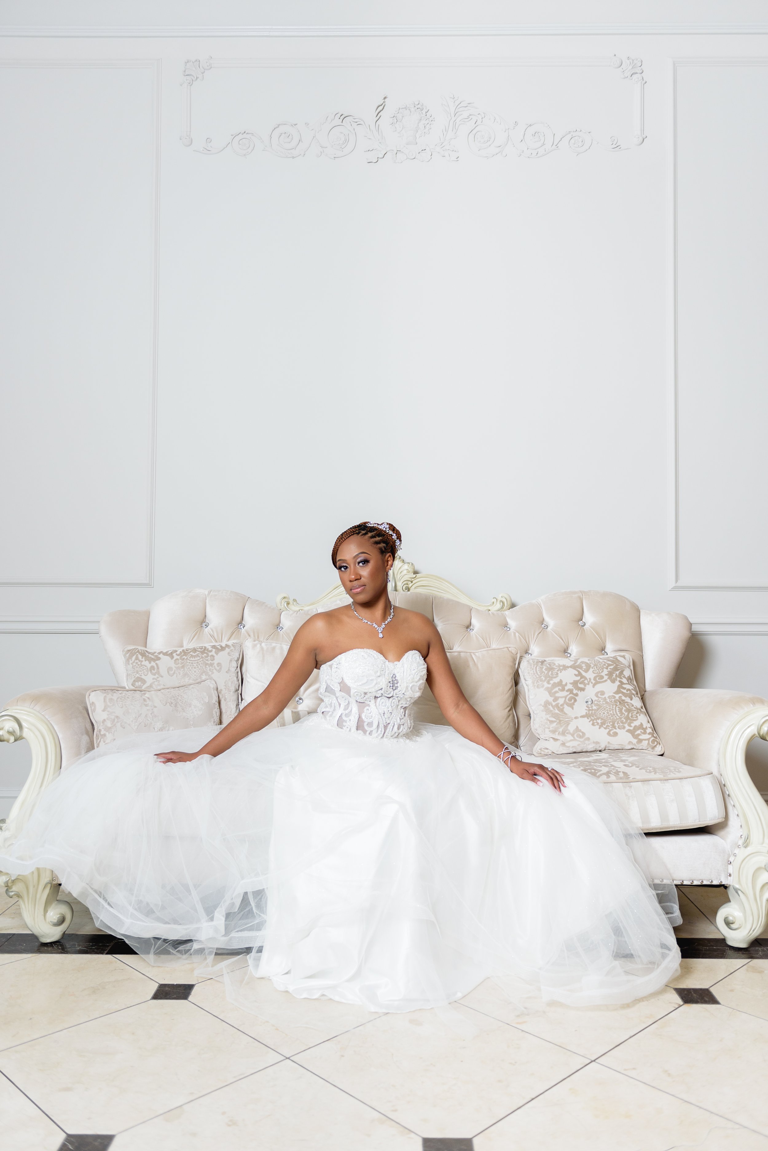 Bridal Portrait on White Couch at Spring Hall Event Center