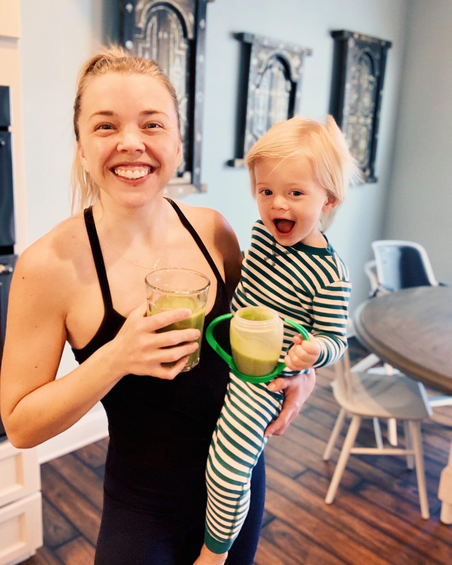 When the greens kick in from your smoothie ⚡️🌱 yay, baby it&rsquo;s Friday!! But seriously, Bryson is all about a green smoothie- we call this one &ldquo;Extreme Greens&rdquo;!
.
.
.
Blend: 

One cup loose packed kale, stems removed
Three small Roma