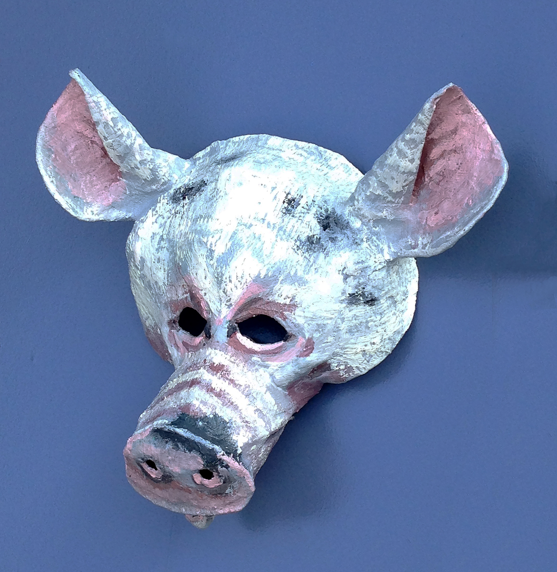    Pig Mask    (View two) , 2016. Oil on paper mache and plaster gauze. 