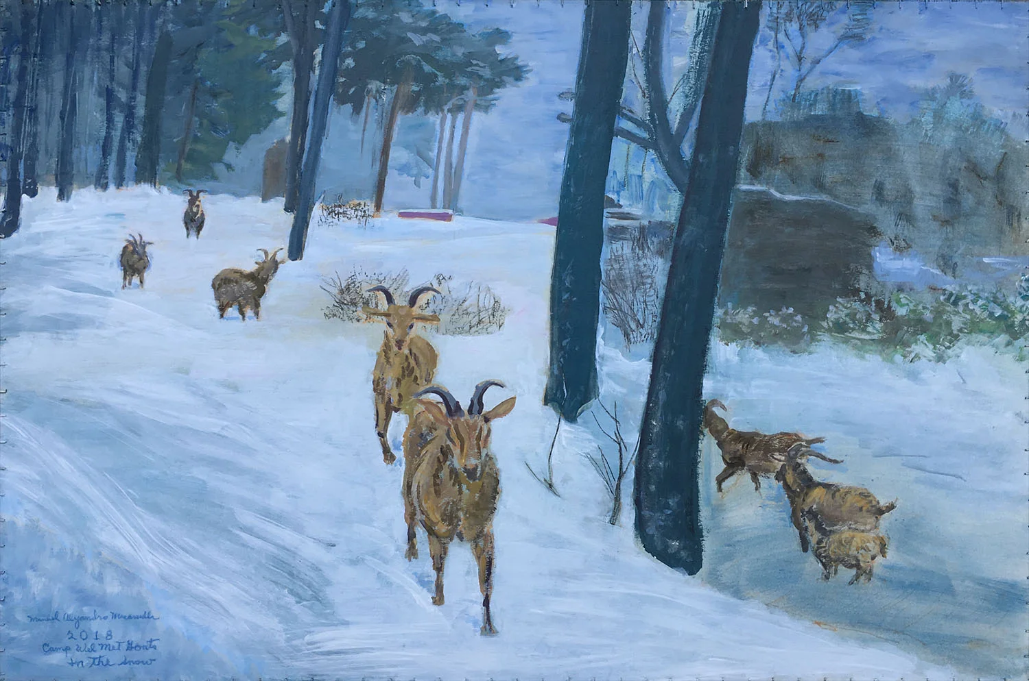 Cam Wel Met Goats in the Snow, 2018. Acrylics on paper. 26.5” X 40”