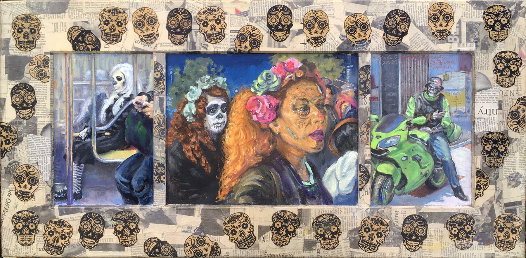   “   Halloween Triptych,”     2020. Oil on panels/mixed media. 14 3/4” X 30” 