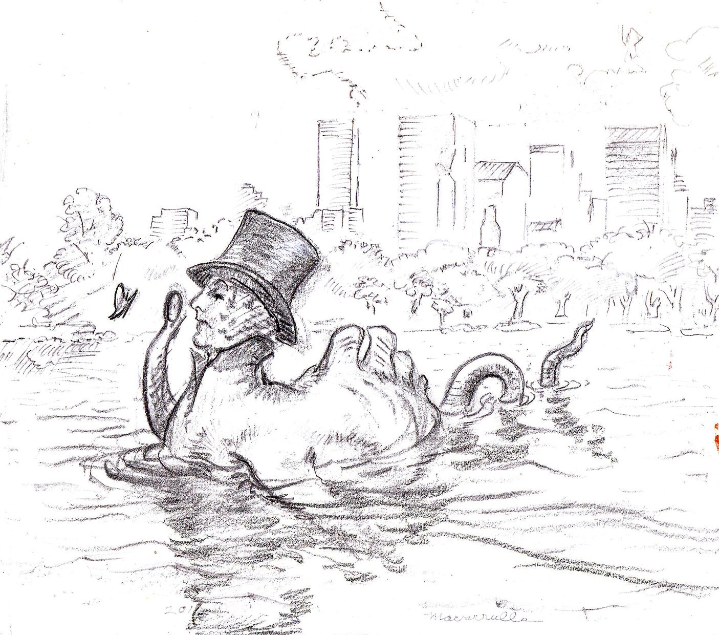  The Loch Ness Monster as Eustace Tilley, 2013. Pencil. Approx.: 10” high. 