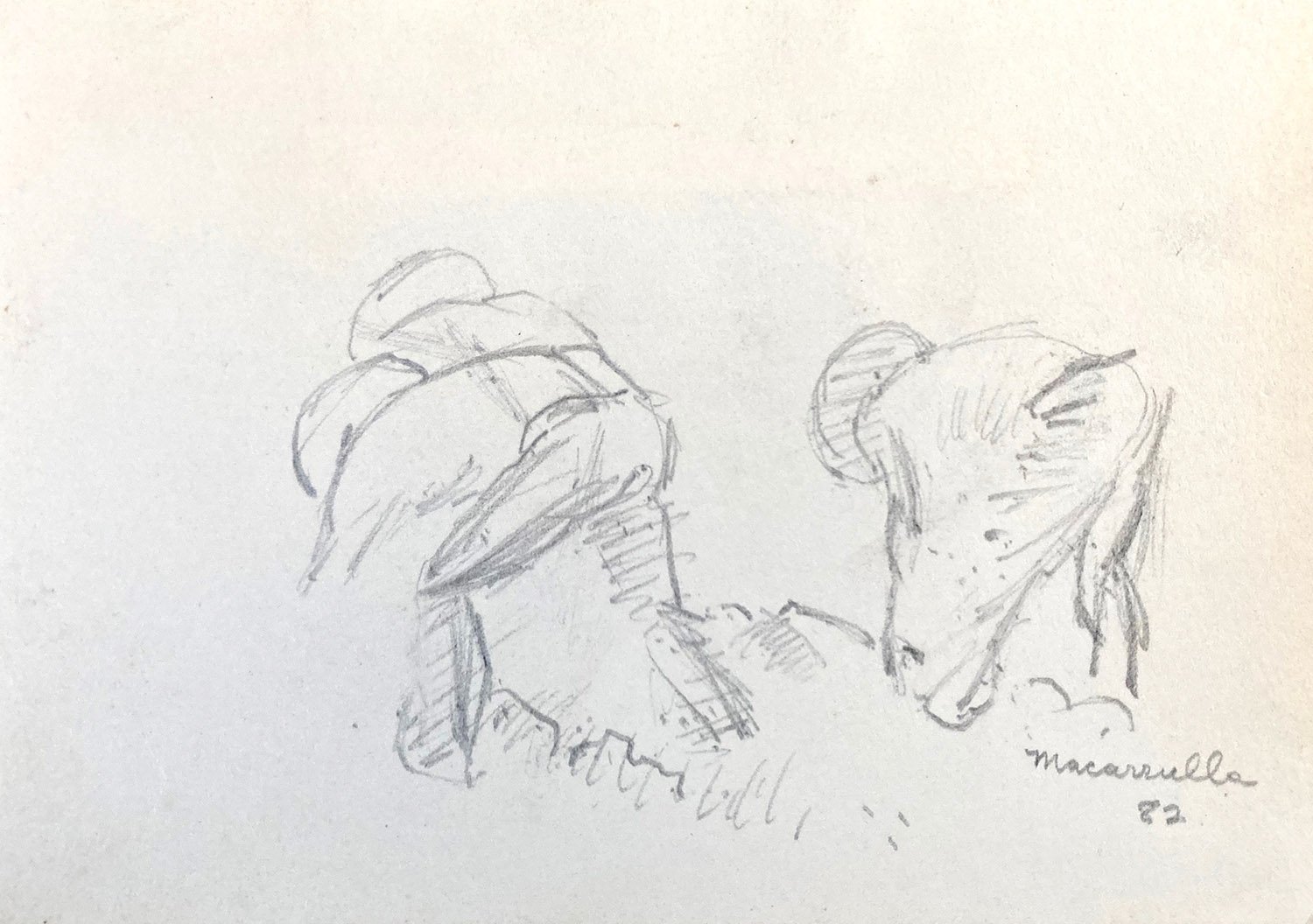    Construction workers in the field,   1982. Pencil. 5” X 4”. 