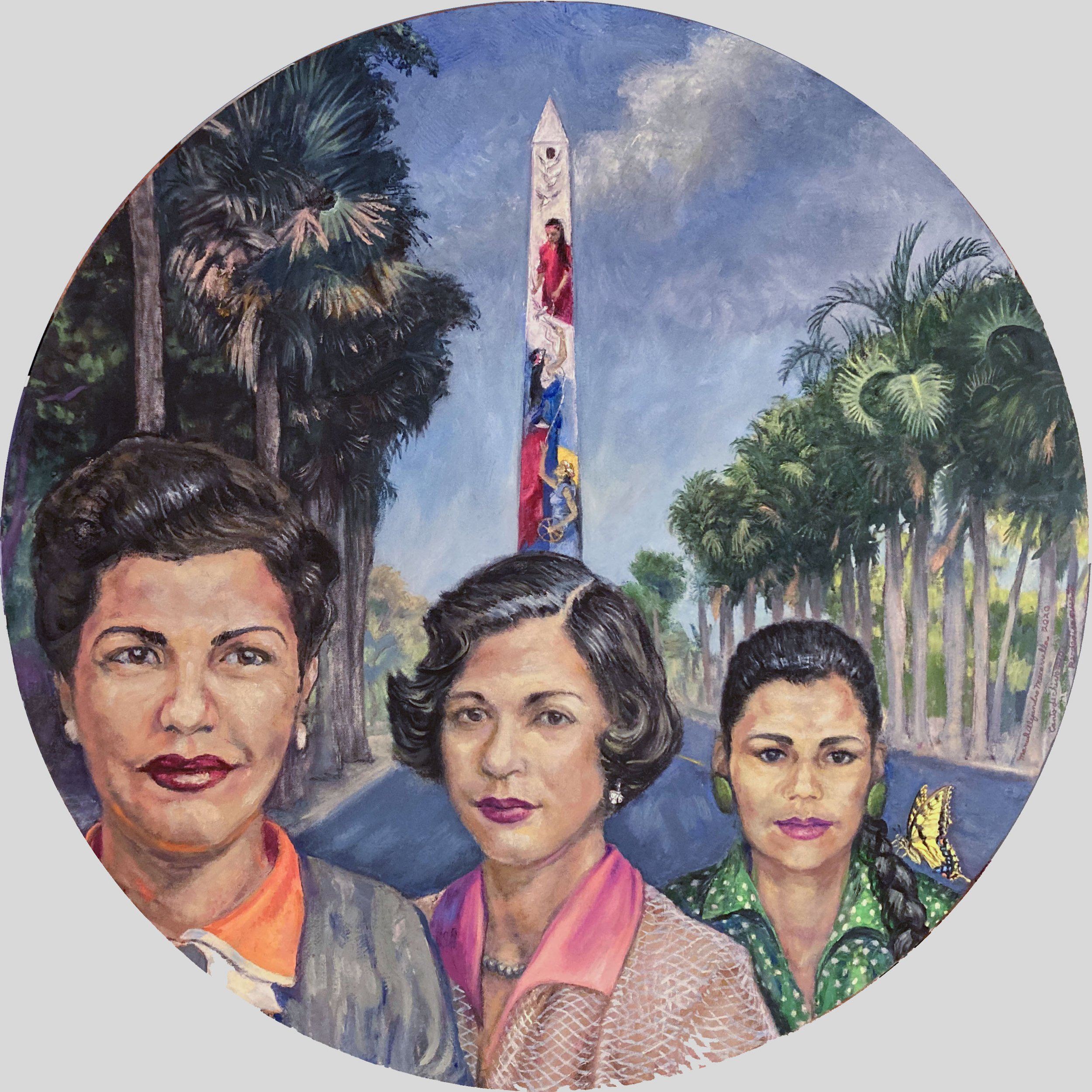   Goat Song (Canto de chivo) #10: Rededication , 2020 Oil on canvas. 39.25” diameter.  The “goat” of the title is a mocking reference to the dictator Trujillo, taken from a song celebrating his killing. The “re-dedication” refers to the obelisk in th