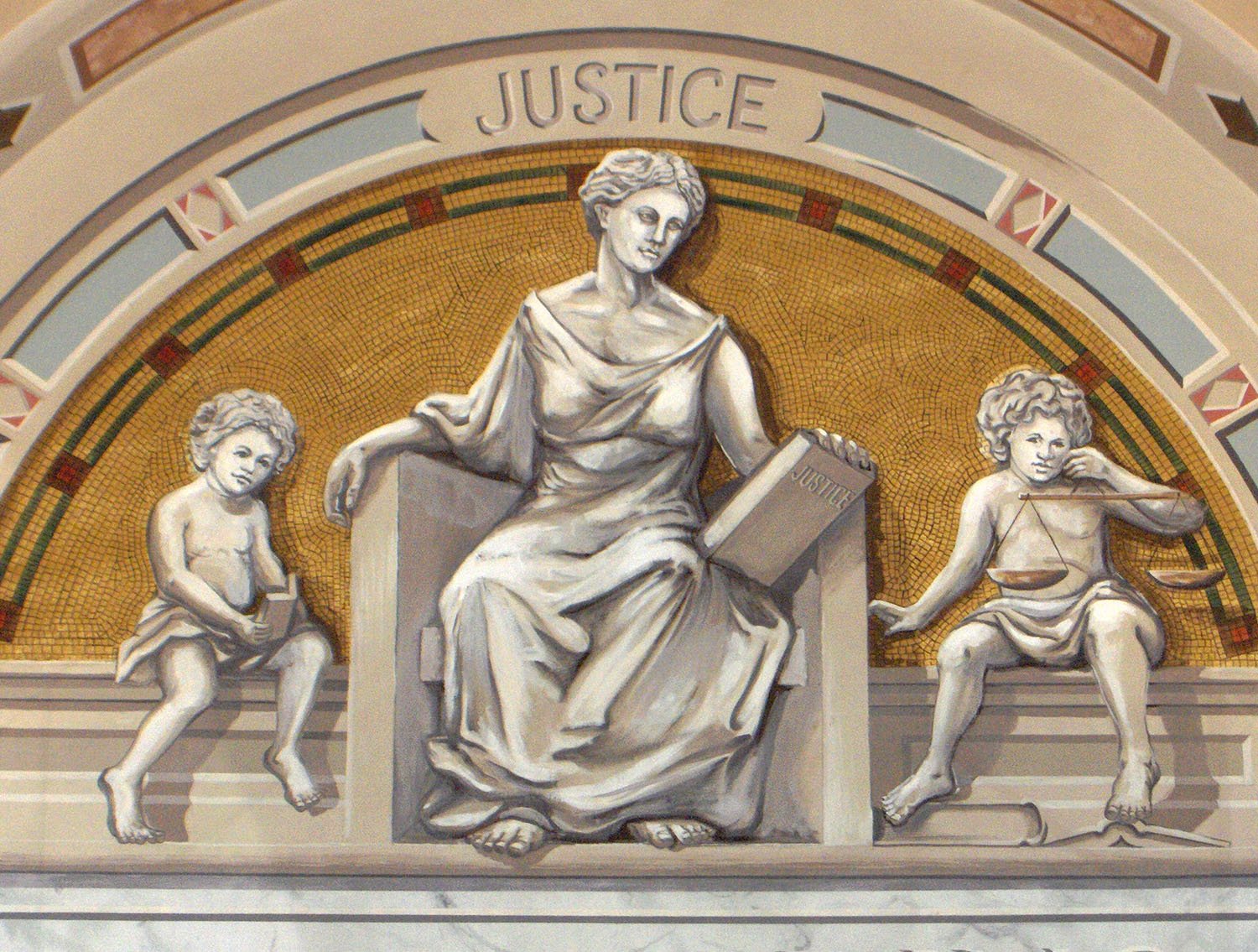    New York City Bar Association Mural  (detail, allegorical figure of Justice, executed entirely by Ray Guzman),  1983. Keim paints on plaster. Designed by Richard Haas. 