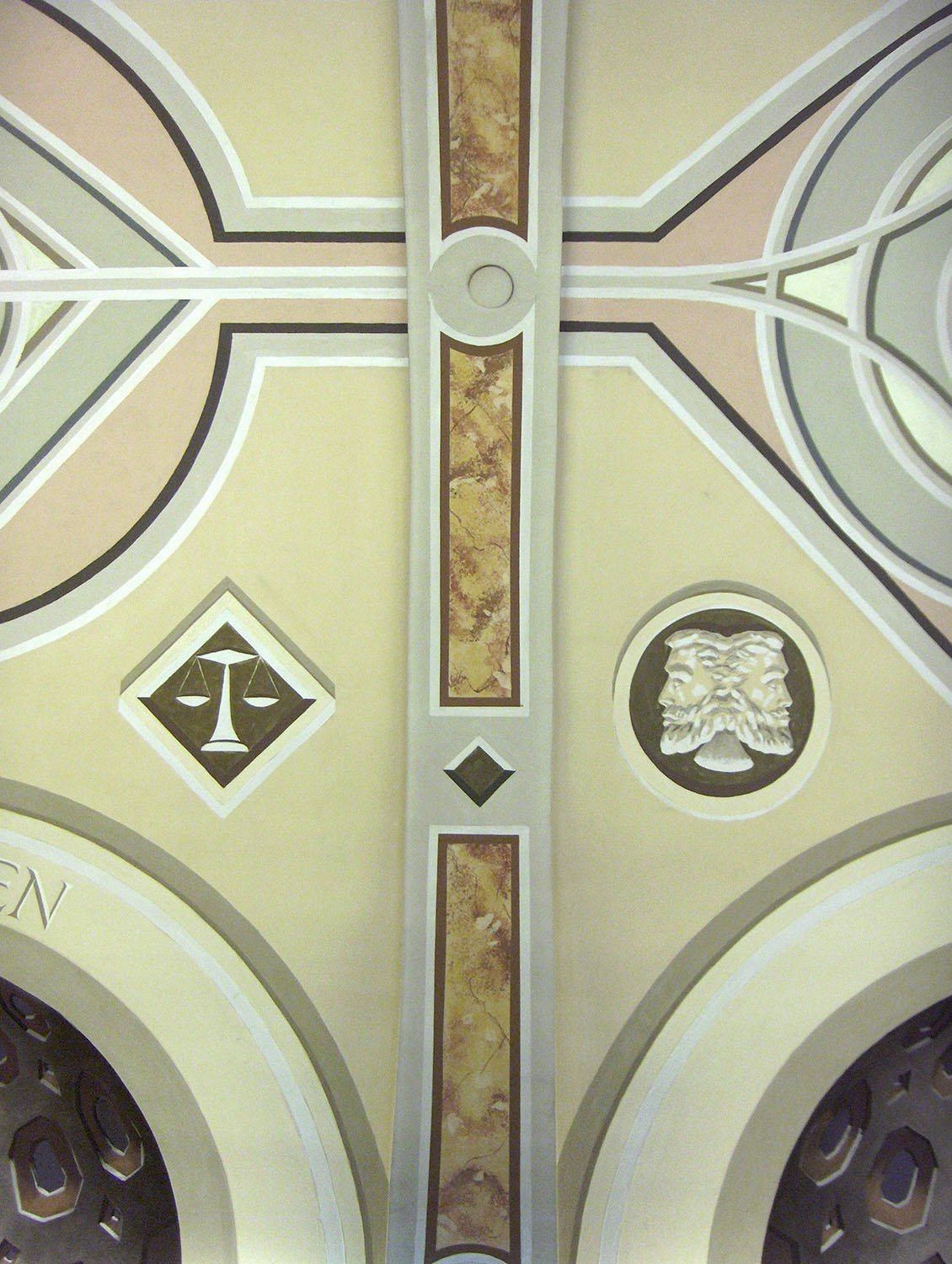    New York City Bar Association Mural  (detail, view of the apex of the vault, with the scales of justice and the god Janus),  1983. Keim paints on plaster. Designed by Richard Haas. 