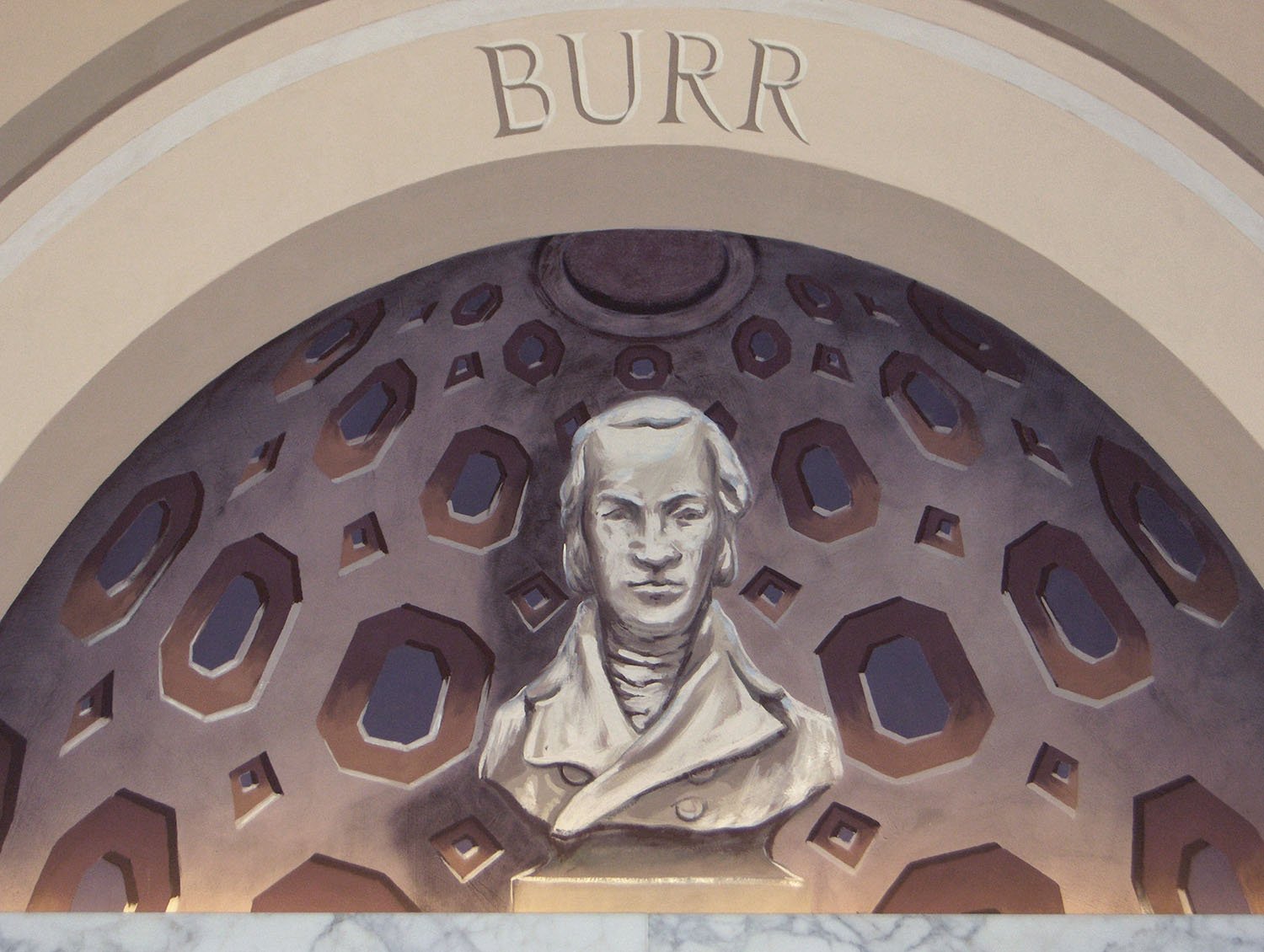    New York City Bar Association Mural ( detail, illusionistic niche containing the bust of Aaron Burr, humorously facing off against Hamilton, opposite, whom he slew in a duel) , 1983. Keim paints on plaster. Designed by Richard Haas. 