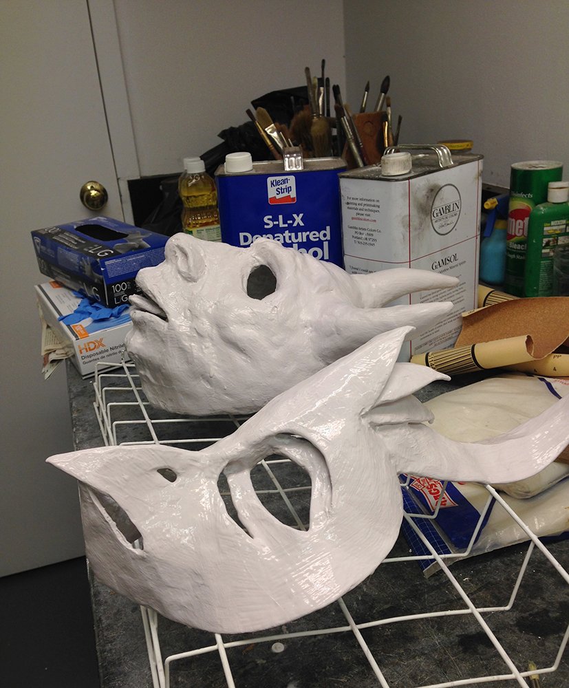  Paper mache masks in progress, 2016. 