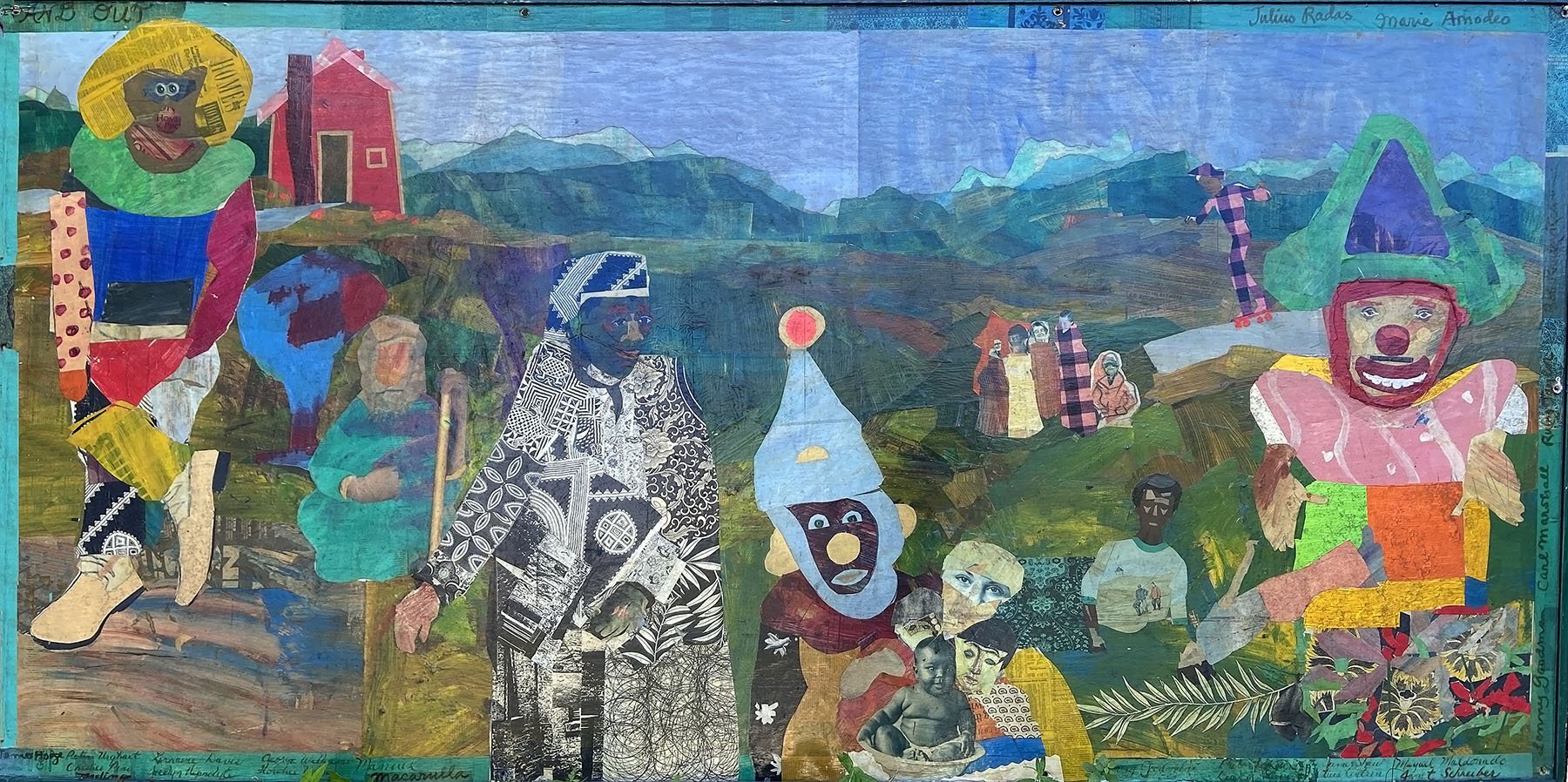  (Right half of)   The Family, Inside and Out,   1992. Collage mural on plywood. 48” X 96”. Designed by the artist and executed in collaboration with, and the assistance of homeless and formerly homeless adults enrolled in The Goddard-Riverside Commu