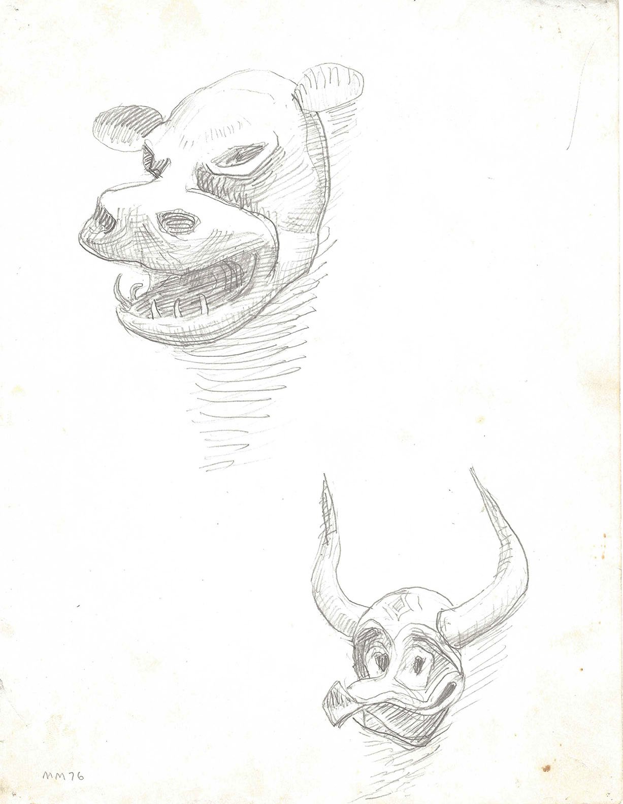    Two Dominican Carnival Masks,   1976. Pencil. 12” X 9”. 