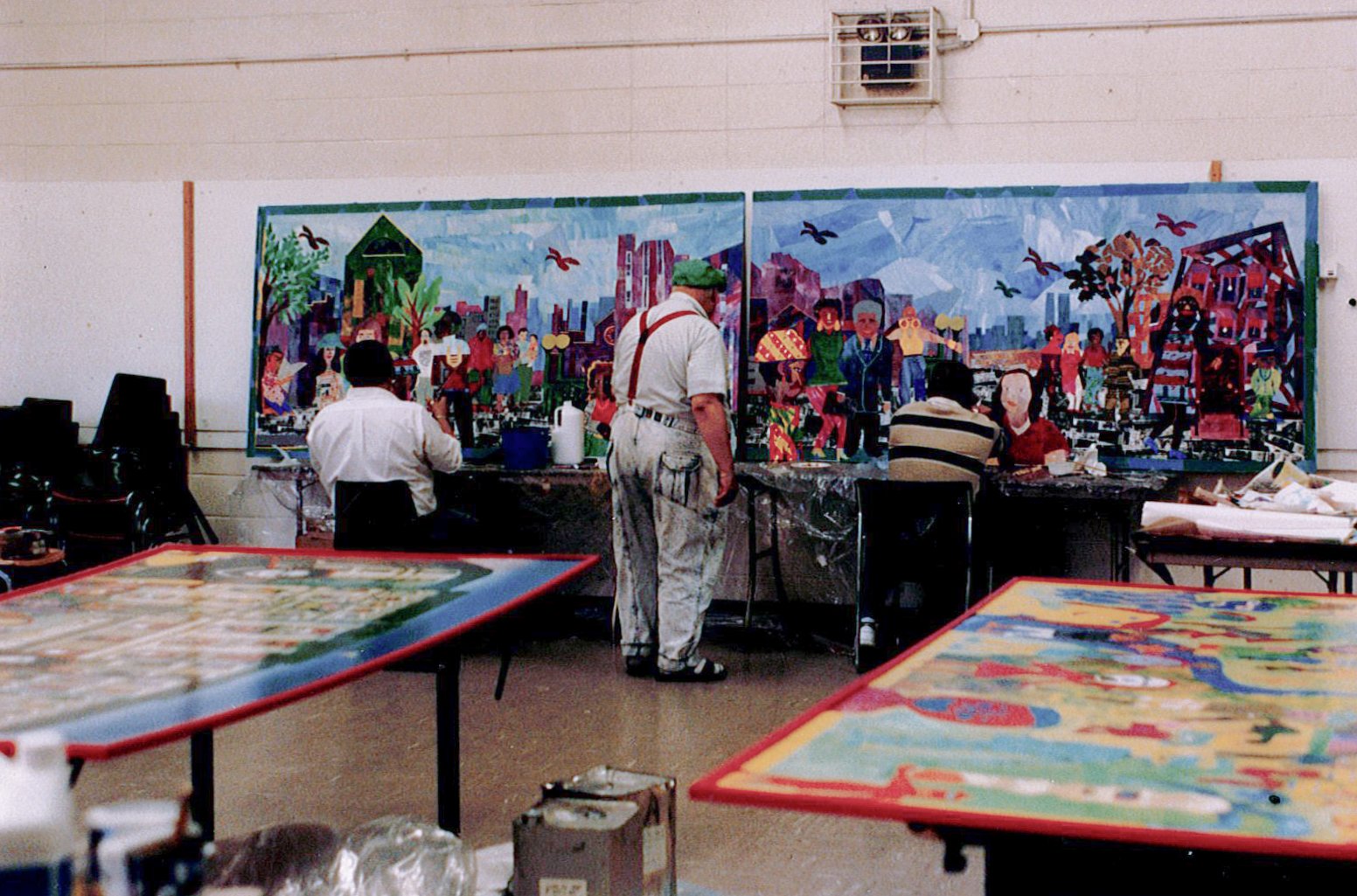  Goddard-Riverside Community Center (GRCC’s) Senate (residential)  Program’s collage mural (in progress). This was designed by artist Sarah Mechlem. The 5 murals from GRCC programs were installed in the 93rd street station of the New York City IRT Su