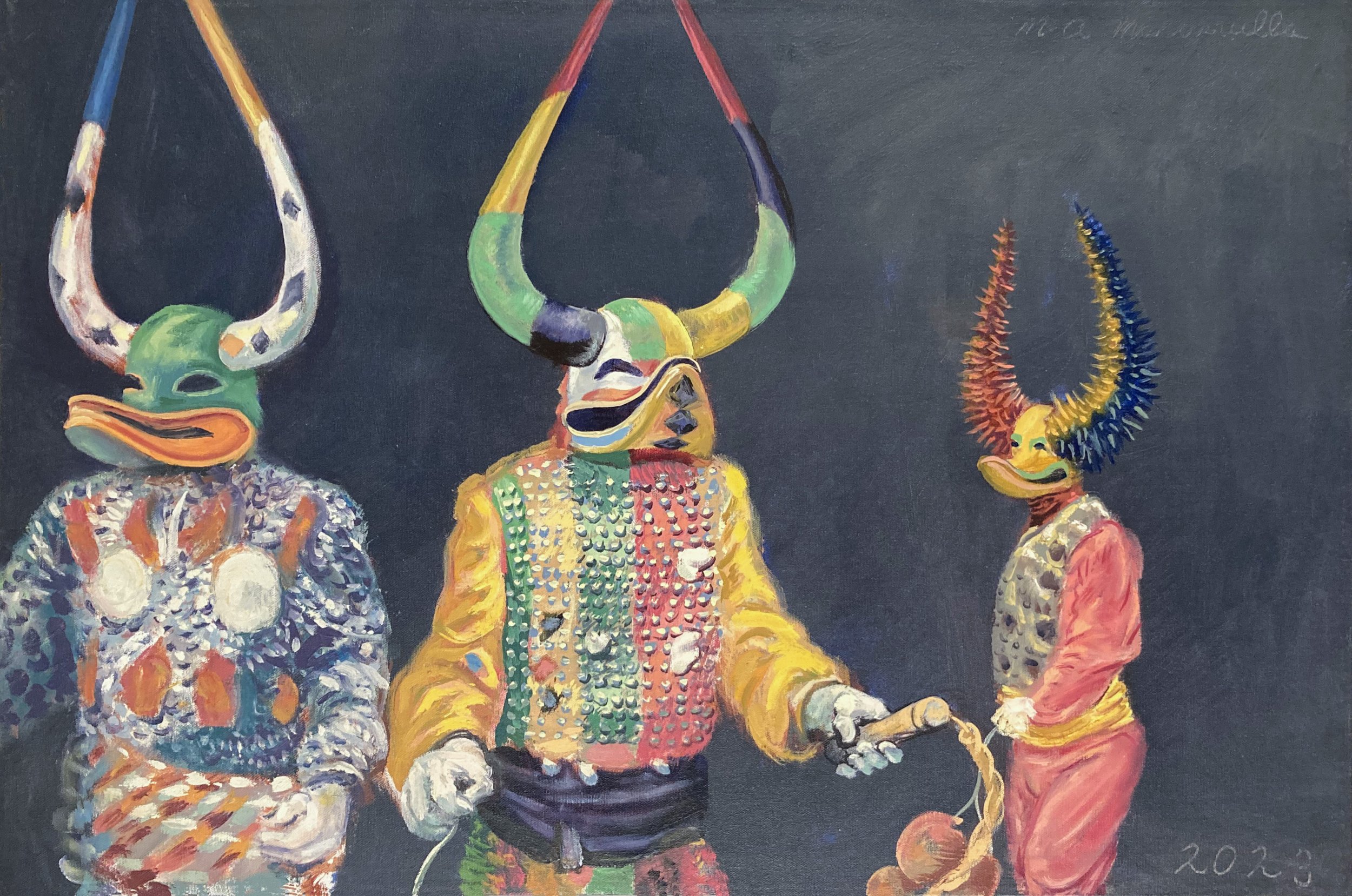  Untitled (three costumed figures-Santiago carnival), 2023. Oil on canvas. 20” X 30”. 