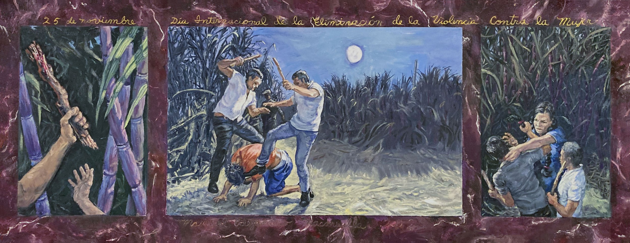    Goat Song (Canto de chivo) #7: November 25th: International Day to End Violence Against Women (Triptych),   2021.  Oil on Canvas. 26” X 66”. 