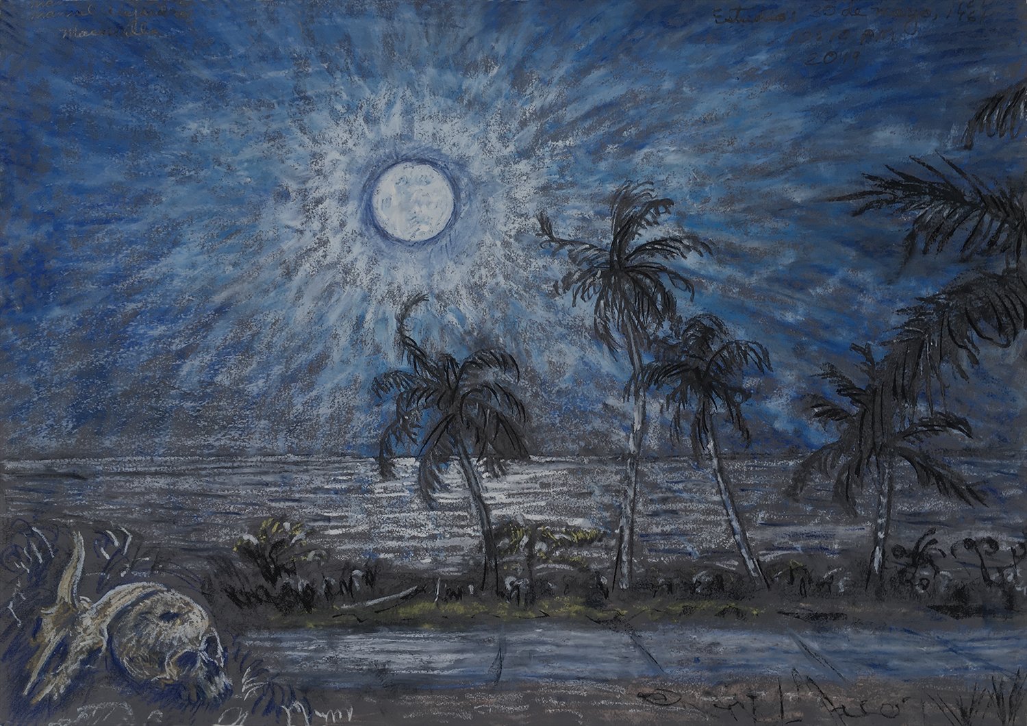 Moonlight Study, 20219. Oil pastels and oil bars. X This is my study of the light on the moonlit night at the location when Trujillo was killed, in 1961.