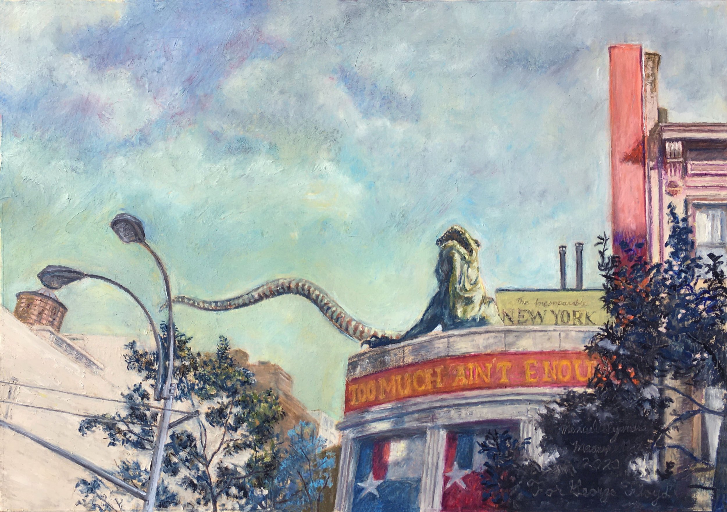 Too Much Ain’t Enough (dedicated to George Floyd), 2020. Oil pastels and oil bars. 18.5” X 26.5”. Completed as George Floyd was killed, this oil pastel of the Lone Star Café façade became an immediate tribute. Floyd’s Texas roots offered an ind