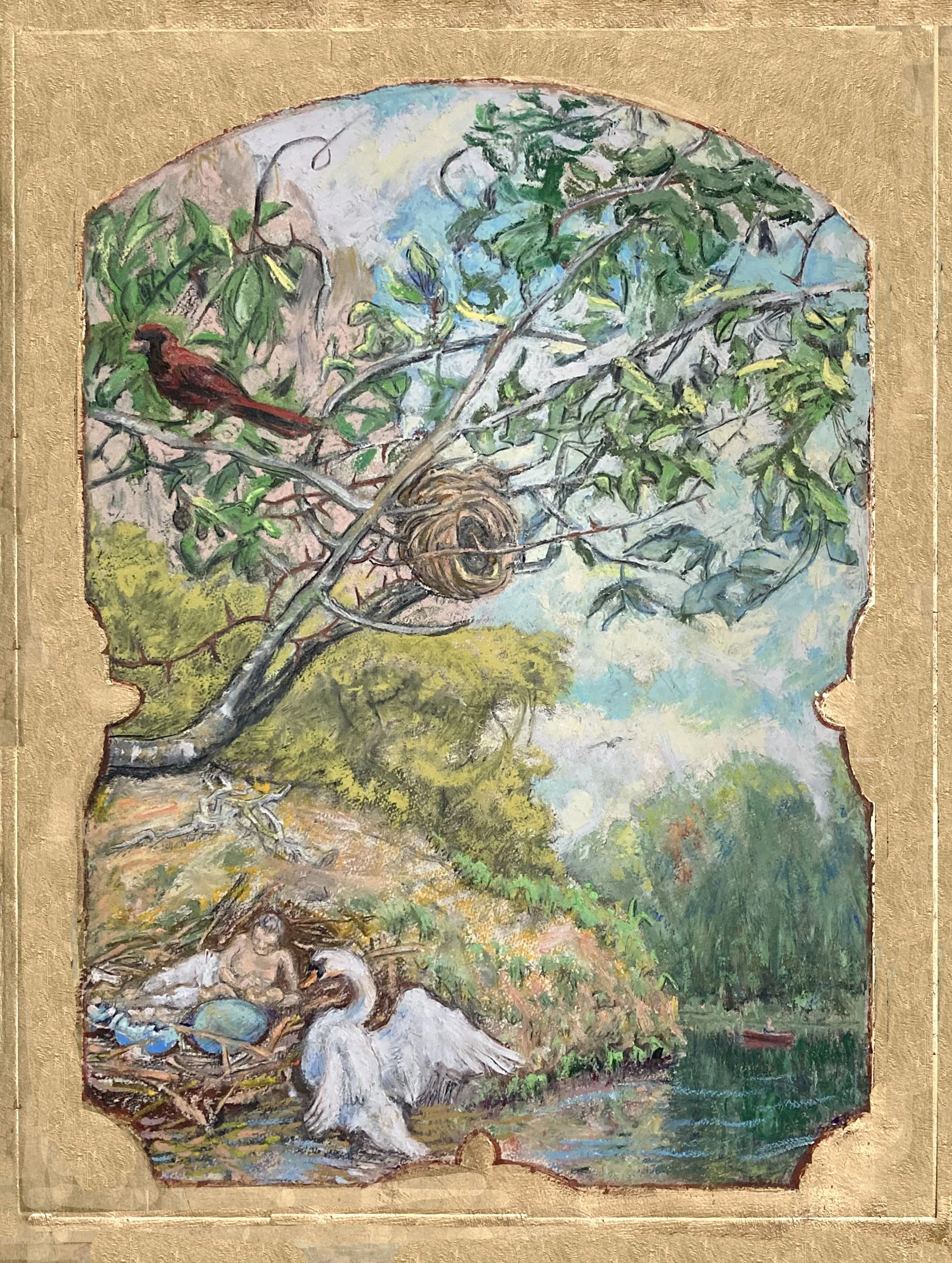 Imaginary Mural No. 3: Leda and the Swan, 2022. Oil pastel and gold leaf. 30” X 22.5”