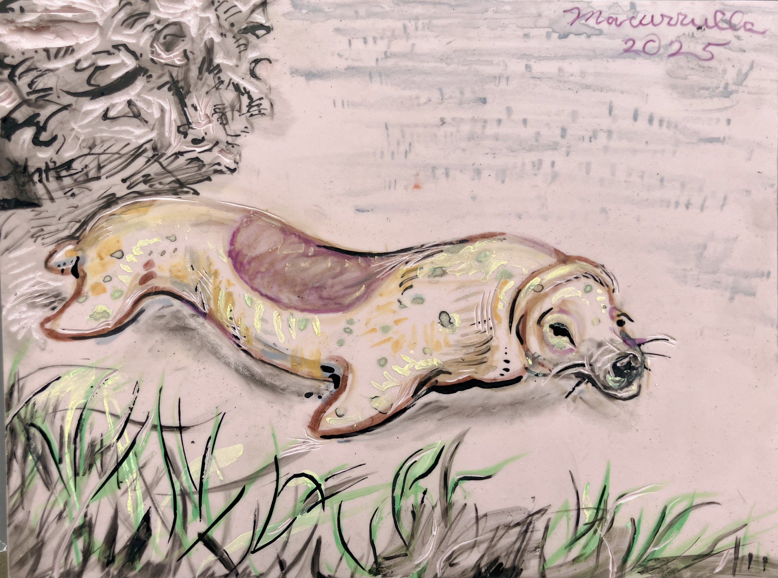 Fanciful Sea Lion, 2025. Incised rubber plate with mixed media.
