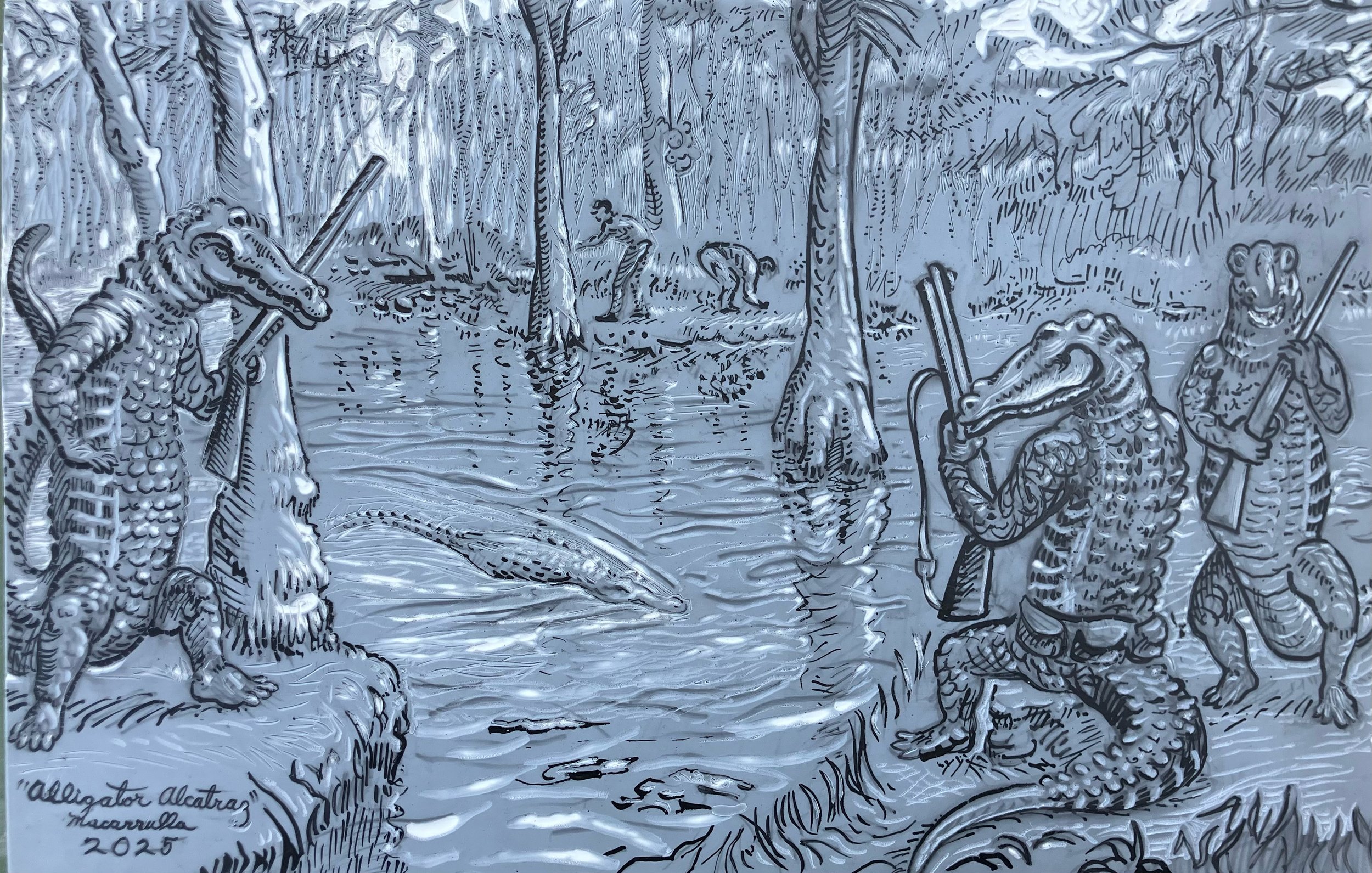 Alligator Alcatraz, 2025. Incised rubber plate with pen and ink. 11 3/4” X 18”