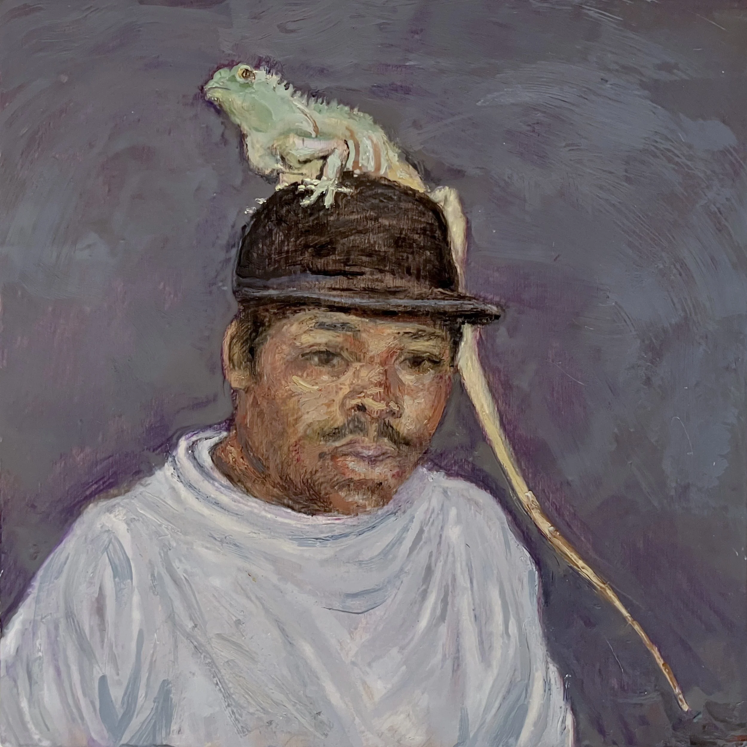 Man with an Iguana (detail-central panel of mixed media piece), 2025. Encaustics on birch panel. 13” X 13”