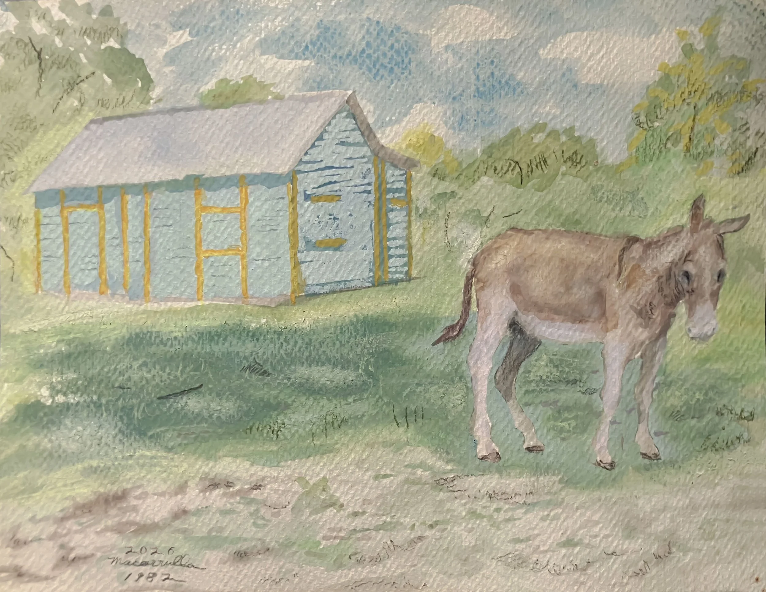    Landscape with donkey study,   1982/2026. Gouache and watercolor. 9” X 12” 
