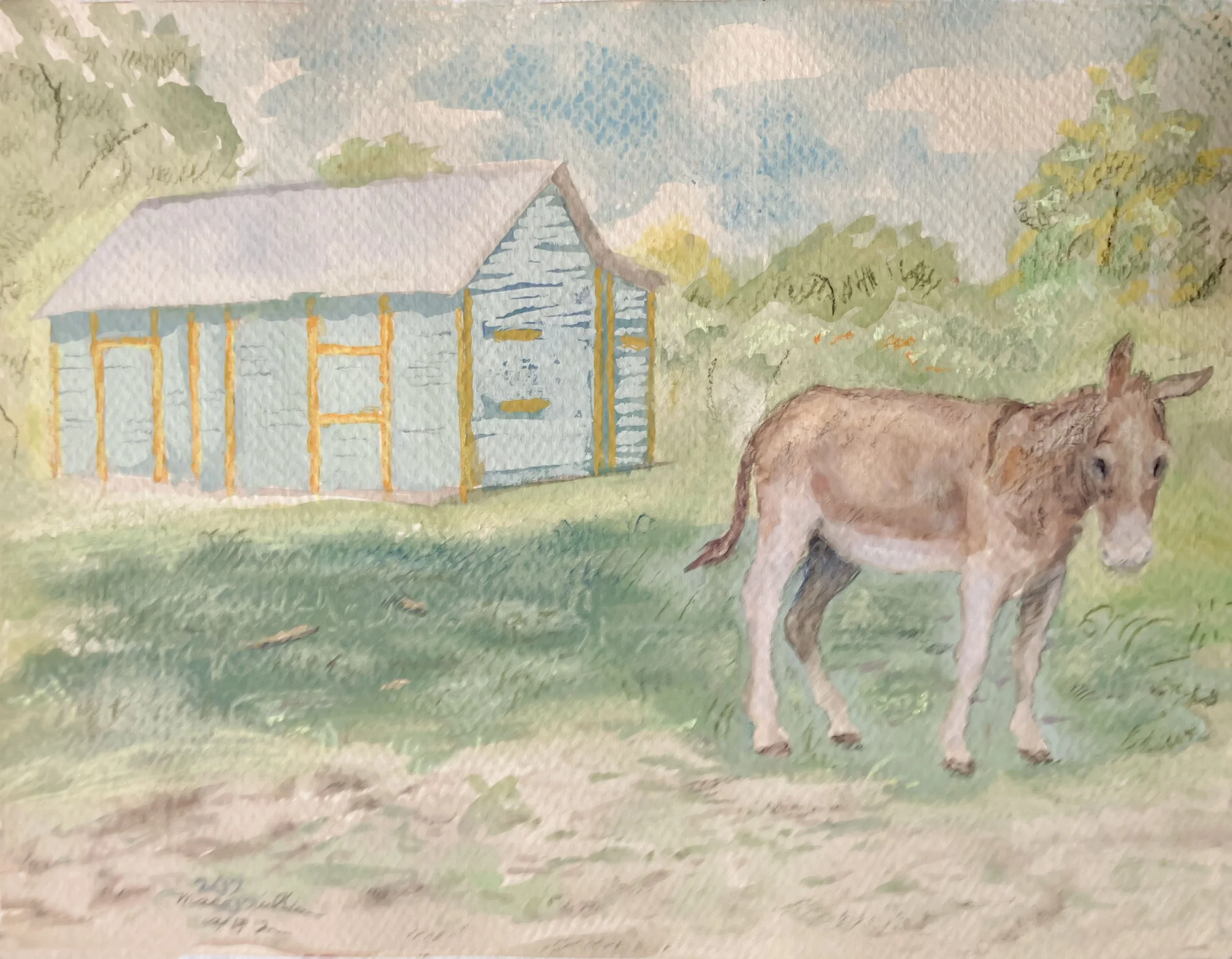    Landscape with donkey study,   1982/2026. Gouache and watercolor. 9” X 12” 