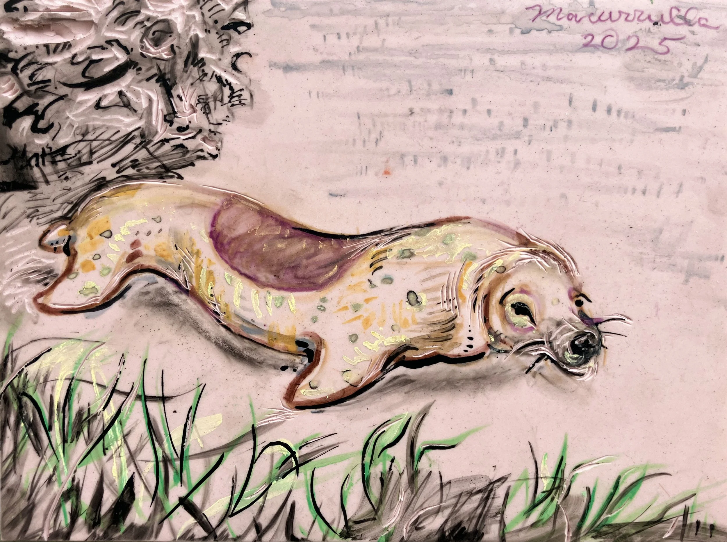 Fanciful Sea Lion_2025_Rubber tile mixed media_6X8 copy.jpg