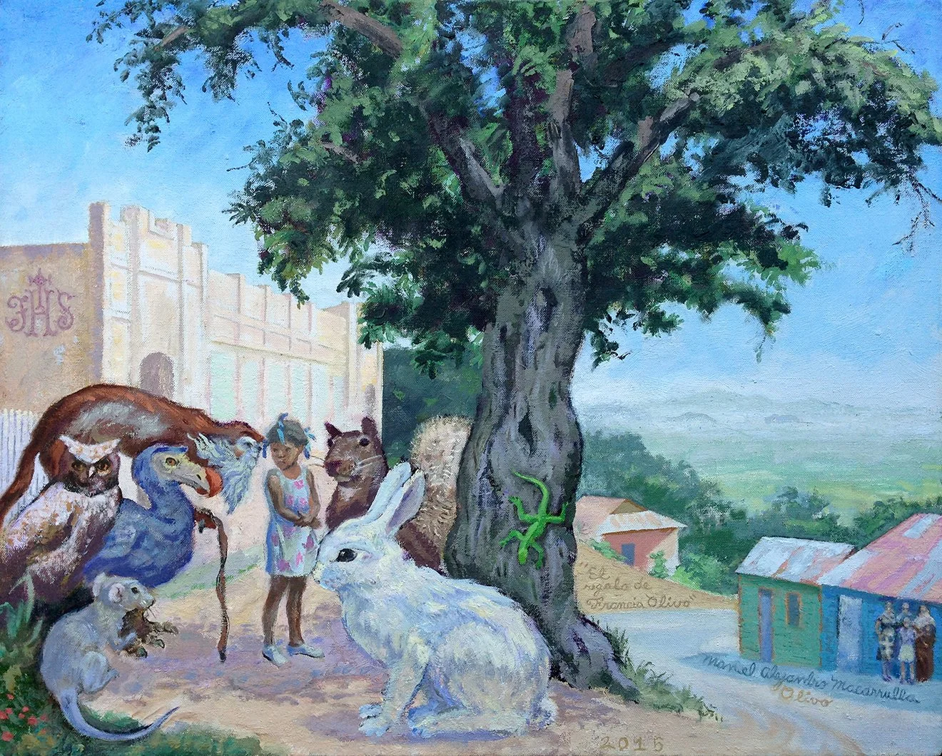    Francia Olivo’s Gift,   2015.  Oil on linen. 24” X 30”.  The motivation for this image is the gift my biological mother brought me, a copy of Alice in Wonderland, the last time I would see her as a child. 