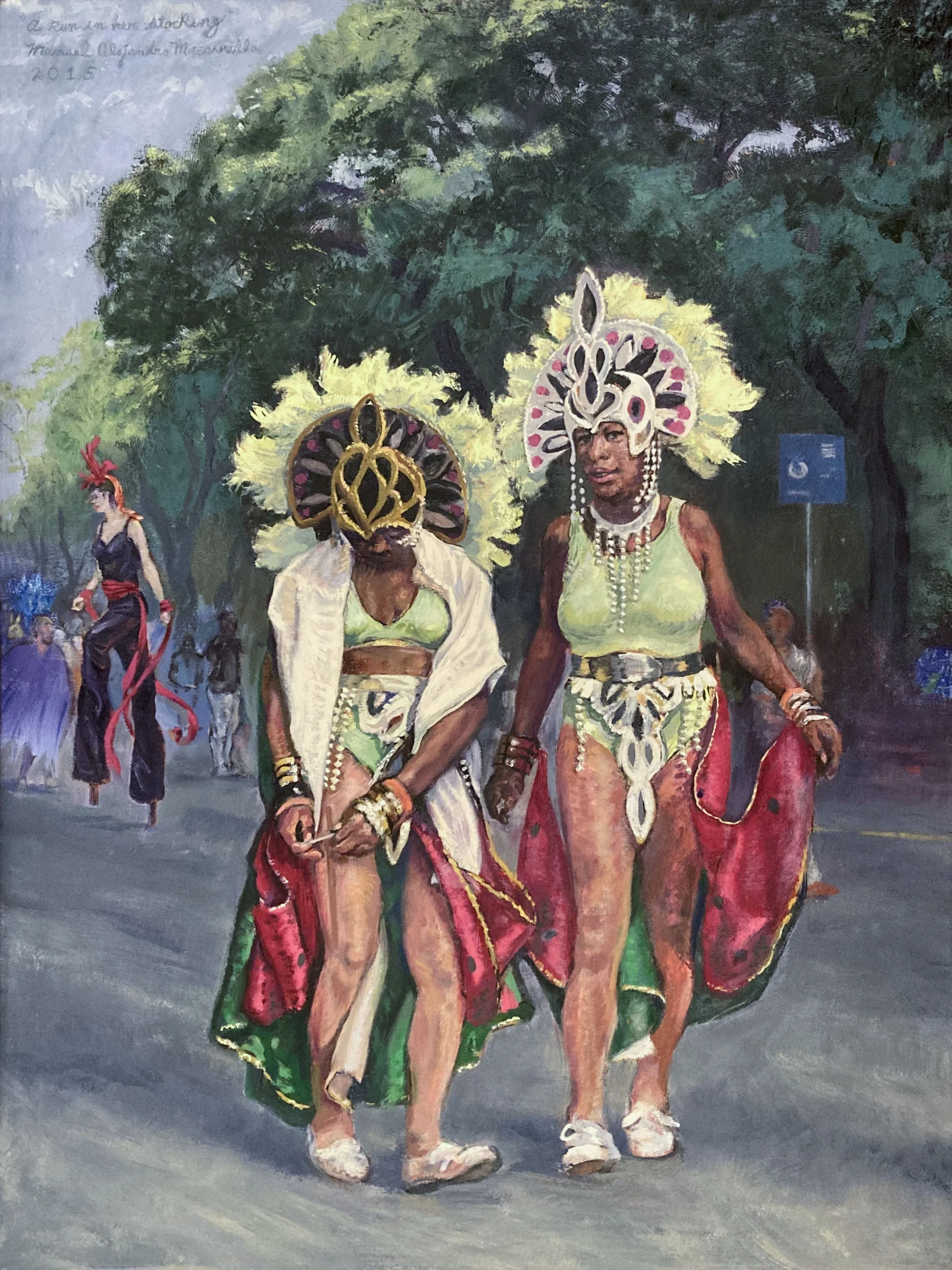    A Run in Her Stocking,   2016. Oil on canvas. 48” X 36”.  Another of my images based on the West Indian Carnival, taking place every September along Brooklyn's Eastern Parkway. 
