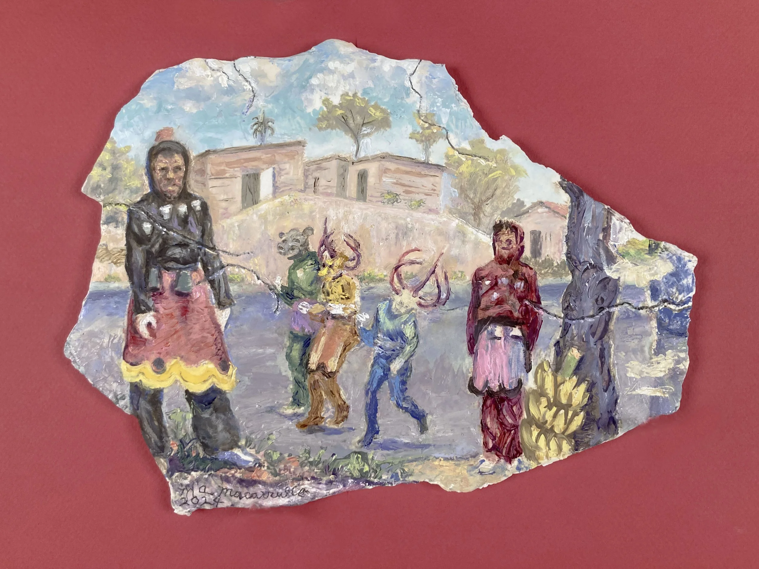    Fresco Fragment No. 3,   2024. Oil on Blue stone. 8.25” X 10.5”.  Here I present another view of the Santo Domingo carnival, while enjoying a playful homage to the ancient frescoes I so admire. 