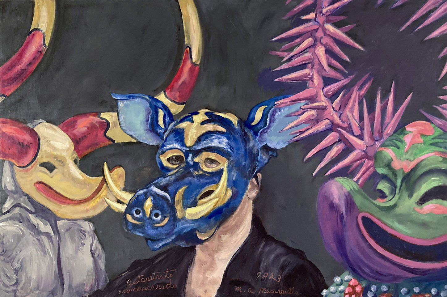    Masked Self Portrait   (version one,) 2023. Oil on canvas. 20” X 30”.  Here I put myself in the Santiago carnival, wearing a blue warthog mask of my own making. 