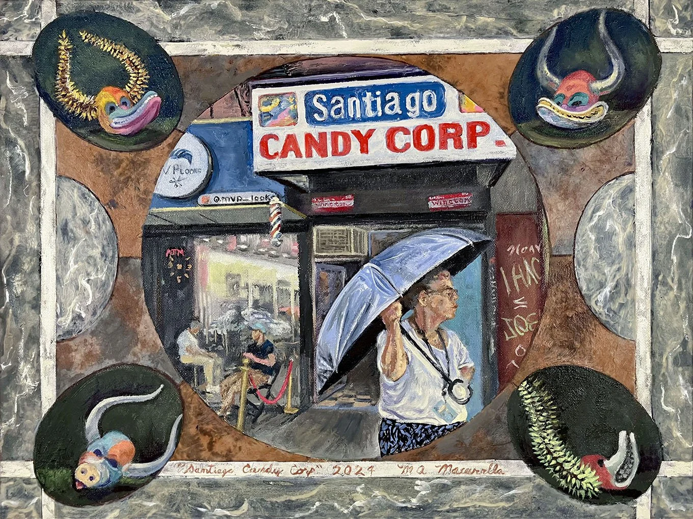    Santiago Candy Corp,   2024. Oils and mixed media on canvas. 18” X 24”.  Another of my pieces inspired by the Washington Heights neighborhood. The name "Santiago" refers to the city where I was born, and to one of the DR's most vibrant carnival tr
