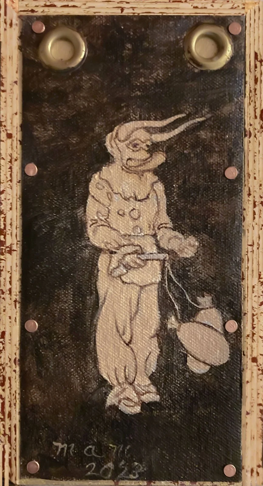    Single Carnival Figure,   2023. Acrylics on canvas. 8” X 4.5”.  This is, again, inspired by the Santiago carnival tradition. 