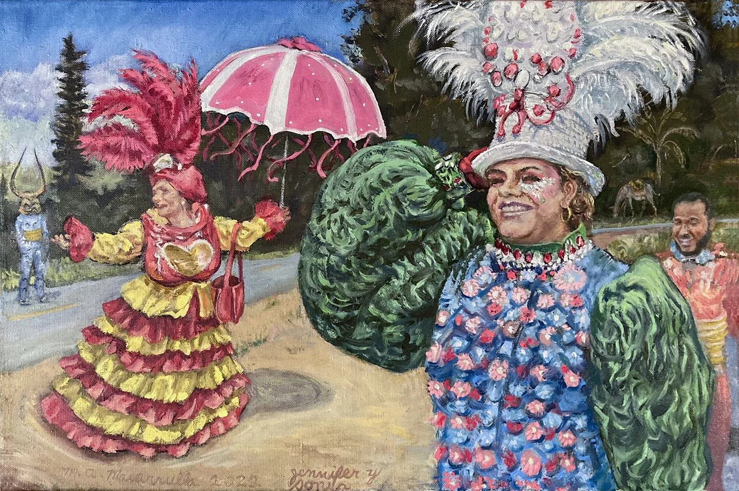    Jennifer and Sonia,   2023. Oil on canvas. 24” X 36”.  Mother and daughter (foreground) participating in the Santiago carnival together. 