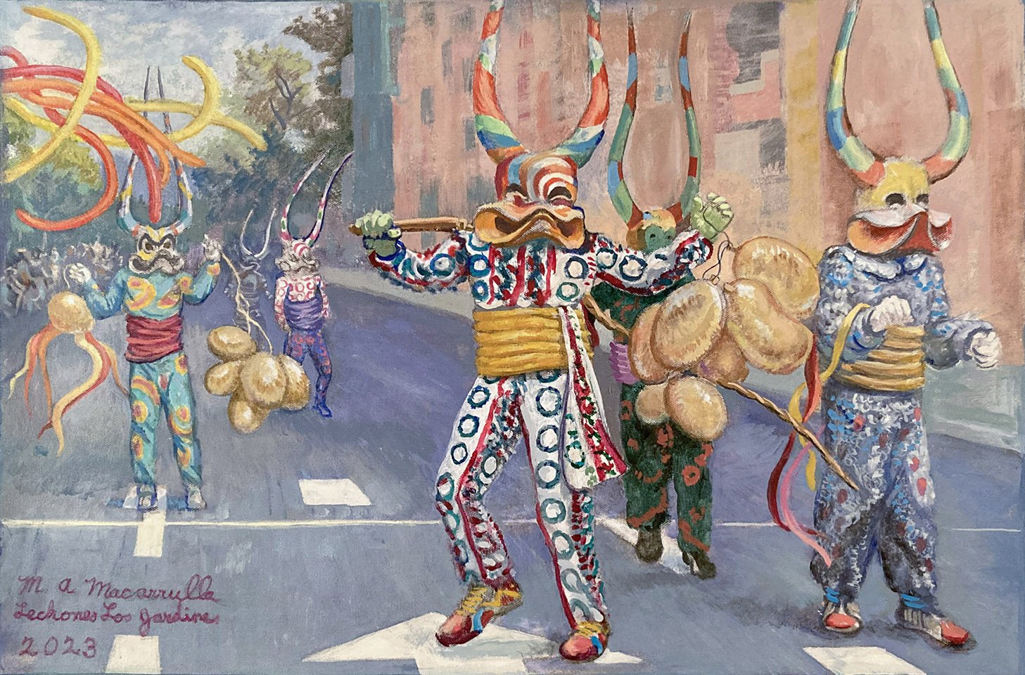    Piglets 'Los Jardines’ (Lechones Los Jardines),   2023. Acrylics on canvas. 17.5” X 26.75”  "Piglet" is one of the terms used to describe the costumed carnival revelers in the DR. "Bulls" is another. "Los Jardines, or “The Gardens," refers to the 