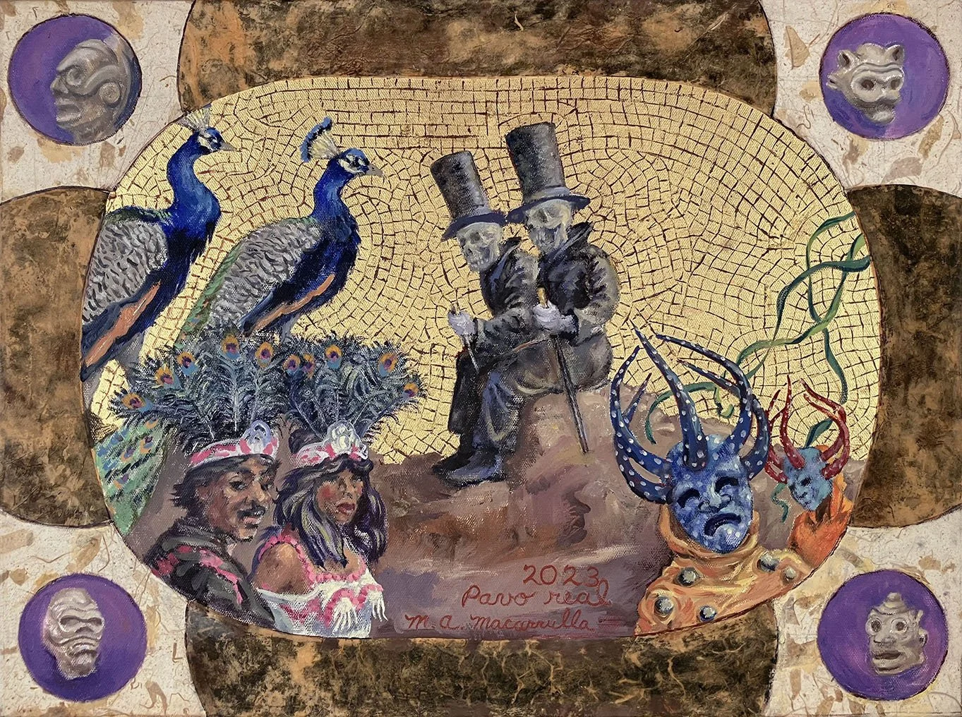    Peacock,   2023. Oil and mixed media on canvas. 18” X 24”.  Though treated more abstractly than much of my work, this image is also inspired by the carnival taking place along Santo Domingo's seaside drive, yearly. The medallions in the four corne