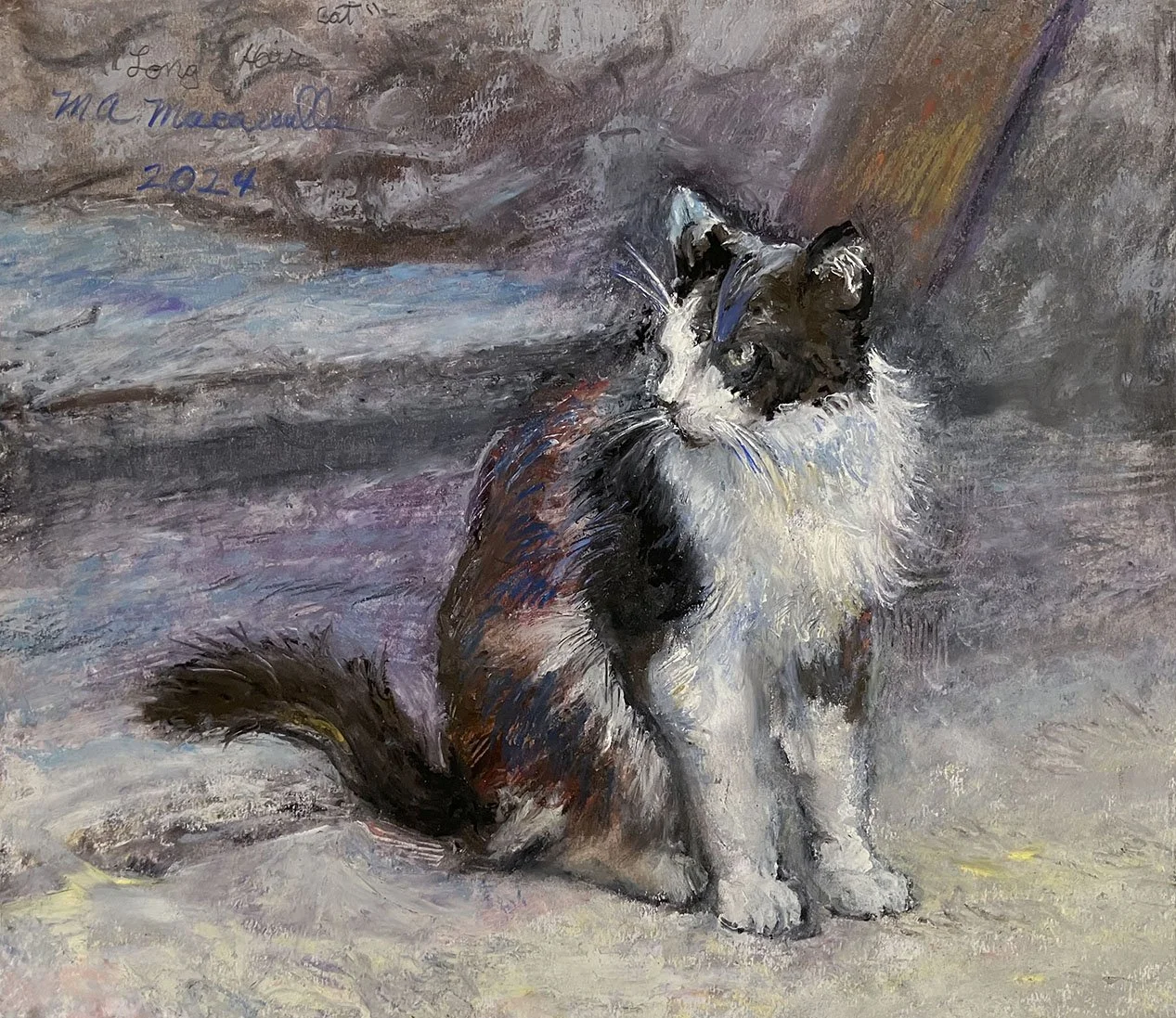    Long haired cat,   2024. Oil pastels. 12” X 13.75 