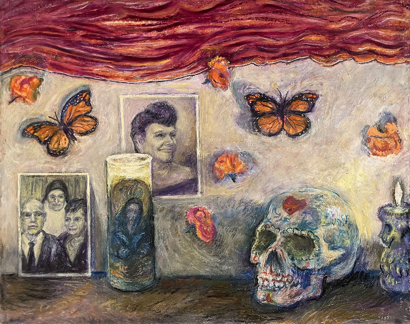    Day of the Dead Altar,   2025 Oil pastels and oil bars. 18” X 23. 