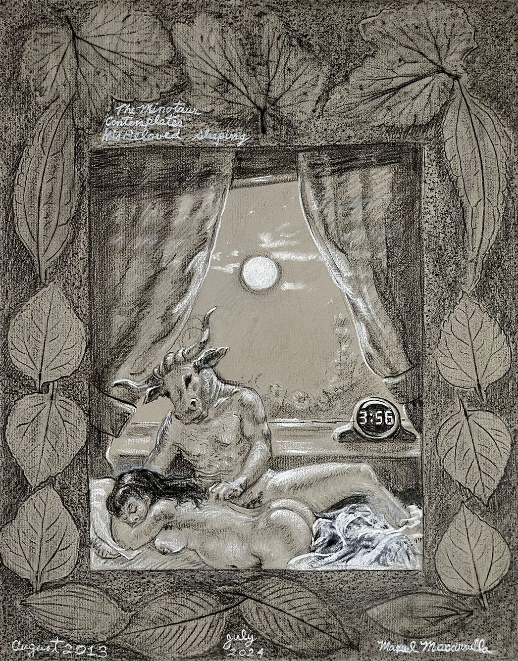    The Minotaur Contemplates his Beloved Sleeping,   2013/2024.  Charcoal with white highlights. 24” X 18”. 