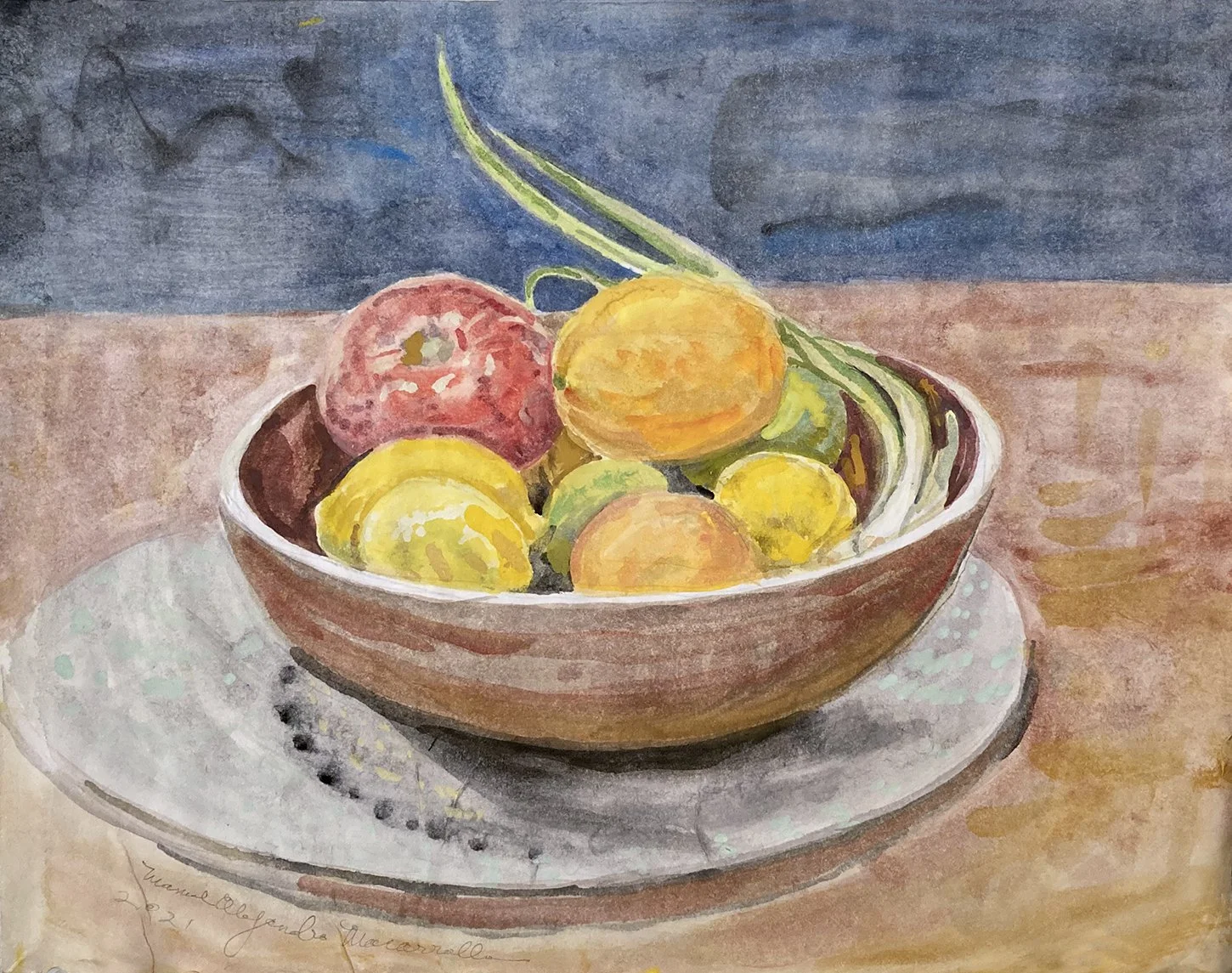    Still Life with Scalllions,   2021. Gouache. 12” X 16”. 