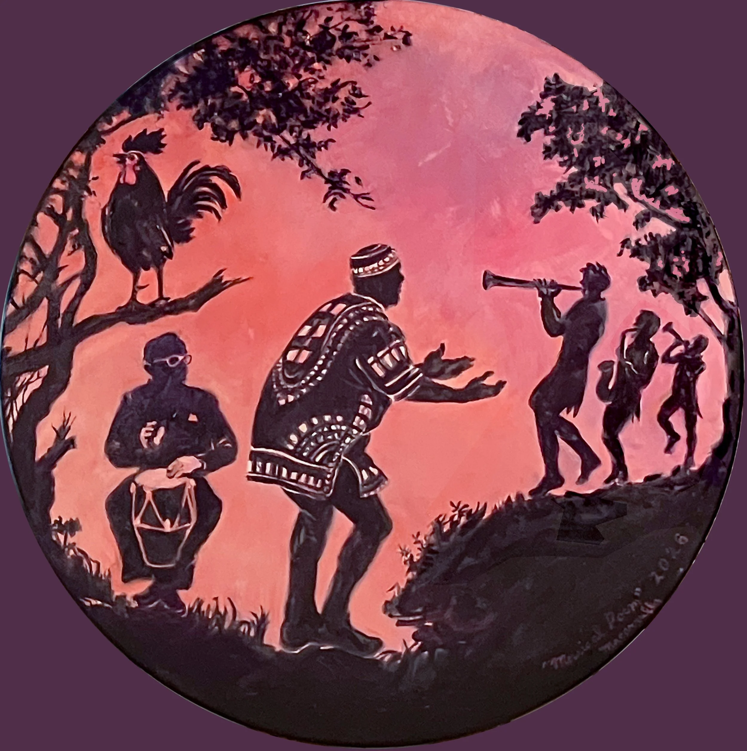    Musica Poem (Homage to Dagoberto C. Lopez),   2026. Oil on wood. 36” diameter. 
