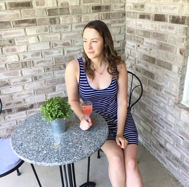 This striped dress is so cute and girly. It’s perfect for a summer BBQ, or as you can see, some wine on the front porch. This BB Dakota Navy Striped Tank Dress sells for $78.