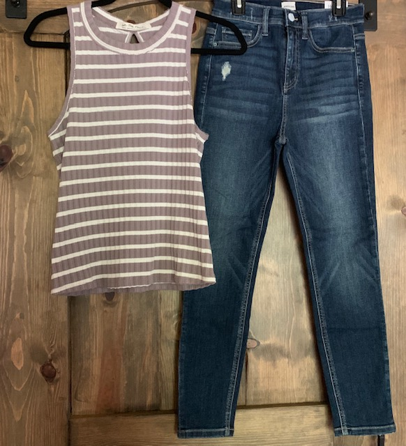 A perfect pair! Continue rocking the stripes trend with the Free People Lavender Stripe Tank for $48 and the Sneak Peak High Rise Crop Jeans for $49.