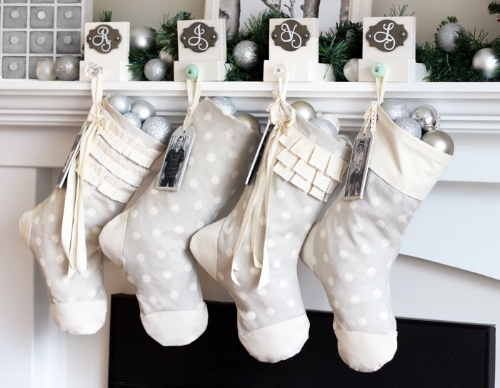 Inspiration photo of Christmas stockings made of gray fabric with white polka dots. Photo credit: http://www.fynesdesigns.com.