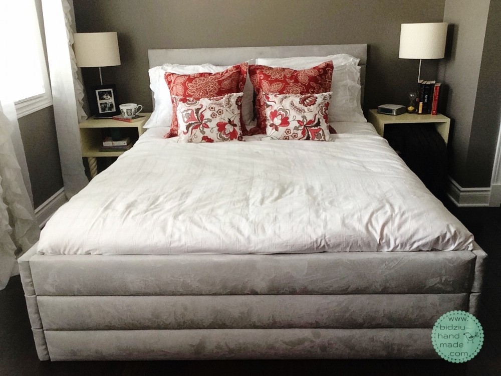 DIY bed frame, upholstered bed frame, DIY upholstered headboard, modern bed frame, DIY modern bed frame, DIY upholstered bed frame, DIY bed frame idea, DIY home improvement project, bidziu handmade, bidziuhandmade