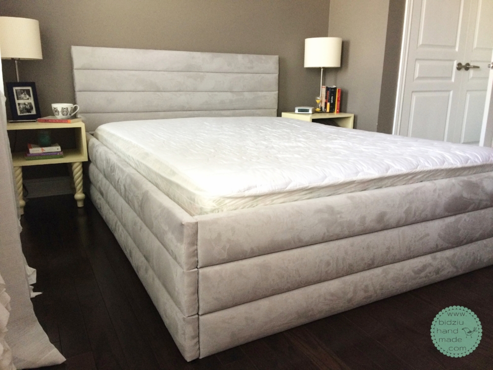 DIY bed frame, upholstered bed frame, DIY upholstered headboard, modern bed frame, DIY modern bed frame, DIY upholstered bed frame, DIY bed frame idea, DIY home improvement project, bidziu handmade, bidziuhandmade