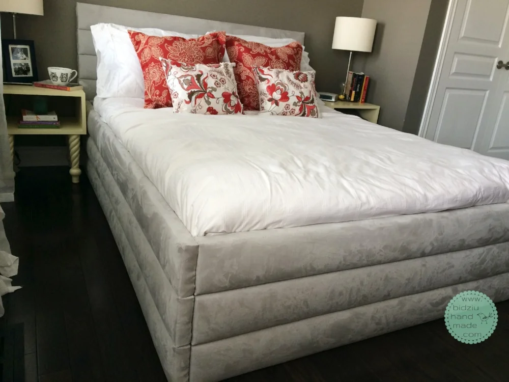 DIY bed frame, upholstered bed frame, DIY upholstered headboard, modern bed frame, DIY modern bed frame, DIY upholstered bed frame, DIY bed frame idea, DIY home improvement project, bidziu handmade, bidziuhandmade
