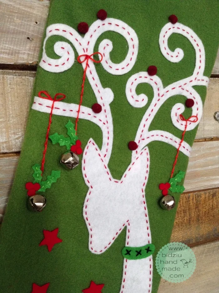 custom made Christmas stockings, handmade Christmas stockings, traditional Christmas stockings, green Christmas stocking, reindeer Christmas stocking, Christmas decor, felt Christmas stocking, personalized Christmas stockings