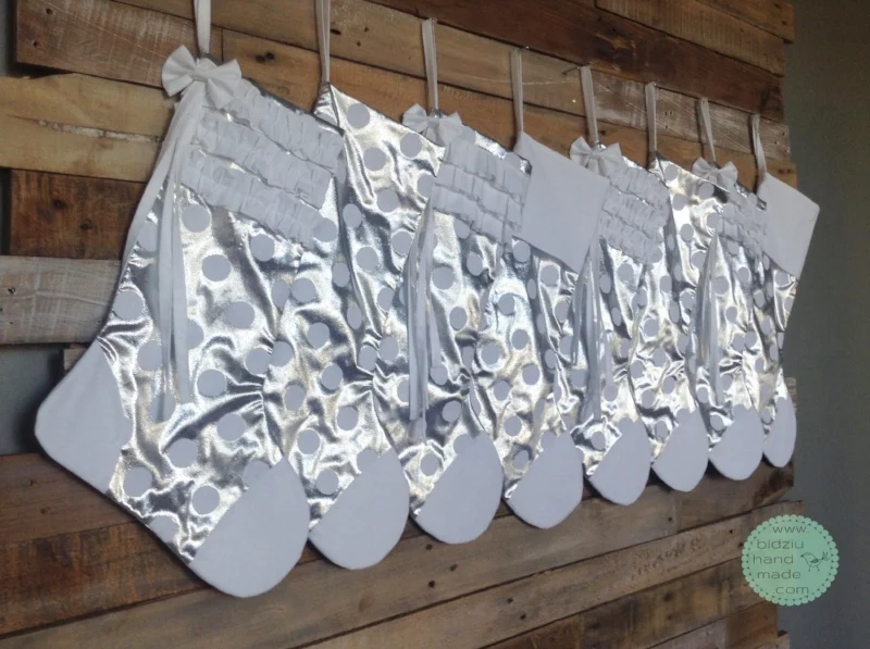 custom made Christmas stockings, handmade Christmas stockings, silver and white Christmas stockings, silver Christmas stockings, white Christmas stockings, modern Christmas stockings, polka dot Christmas stockings, silver Christmas decoration, white Christmas decoration, silver and white Christmas decoration