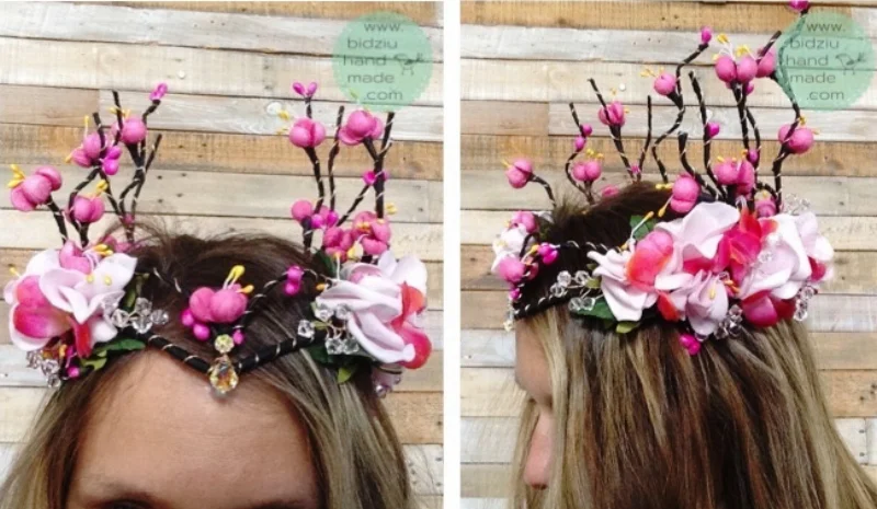 Woodland fairy crown, woodland flower crown, flower crown, fairy crown, handmade flower crown, handmade fairy crown, pink flower crown, woodland pink flower crown, handmade crown, woodland crown with pink flowers, Swarovski crystals, Swarovski crystal gems, 